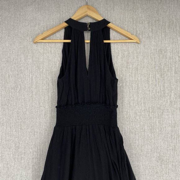 By Anthropologie Jumpsuit Womens XS Black Wide Leg Smocked Halter Keyhole V-Neck - Picture 8 of 16